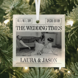 Personalized Wedding Photo Ornament, Newspaper Glass Ornament