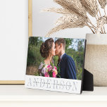 Personalized Wedding Photo Plaque<br><div class="desc">Elegant wedding photo plaque features your favorite horizontal or landscape oriented wedding photo. Your surname or family name appears beneath in chic grey with your names and wedding date overlaid on a transparent white band.</div>