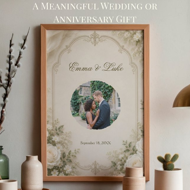 Personalized Wedding Photo Poster | Elegant Floral (Personalized wedding photo poster with elegant floral design for reception and home decor)