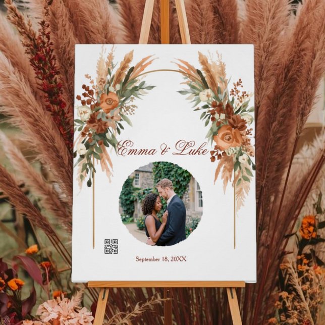 Personalized Wedding Photo QR Code Sign | Rustic (Personalized wedding QR code sign with photo, boho florals, custom names, and wedding website.)