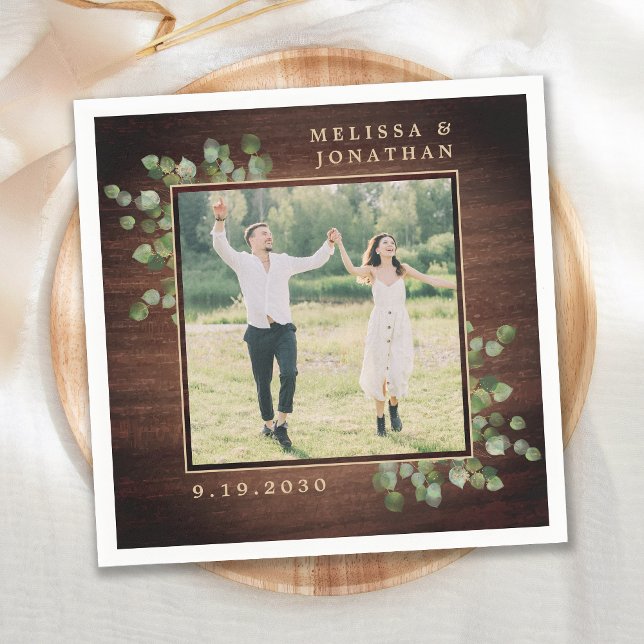 Personalized Wedding Photo Rustic Wood Greenery Napkins (Creator Uploaded)