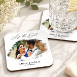 Personalized Wedding Photo Save the Date Custom Beverage Coaster<br><div class="desc">Create a memorable and meaningful detail for your special day with this personalized wedding photo coaster. Featuring an elegant “Save the Date” script and your favorite couple photo framed in a soft artistic brush design, this coaster adds a romantic and modern touch to your wedding décor. Customize it with your...</div>