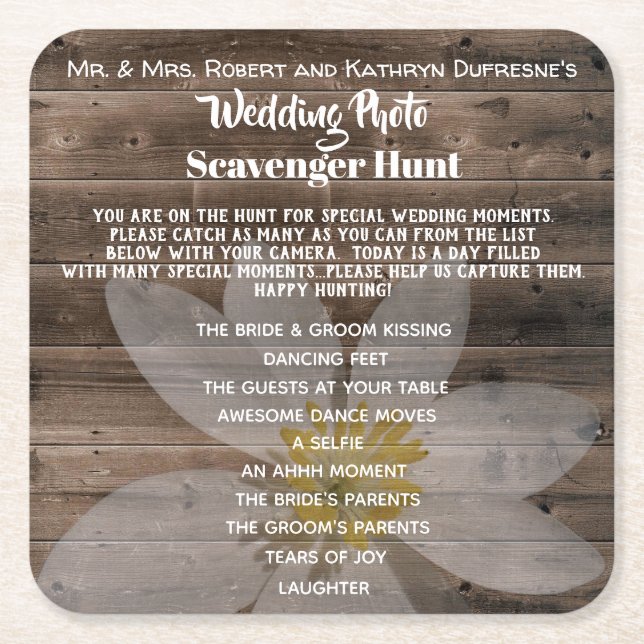 Personalized Wedding Photo Scavenger Hunt Square Paper Coaster (Front)