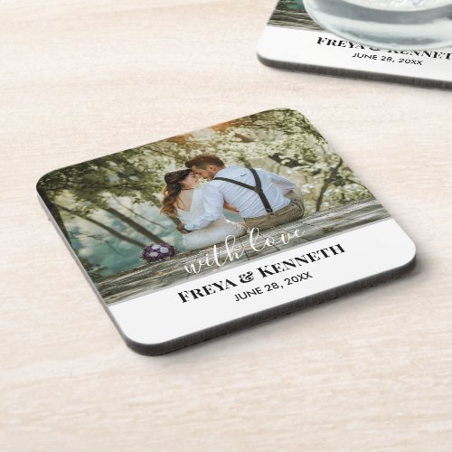 Personalized Wedding Photo With Love White Texts Beverage Coaster