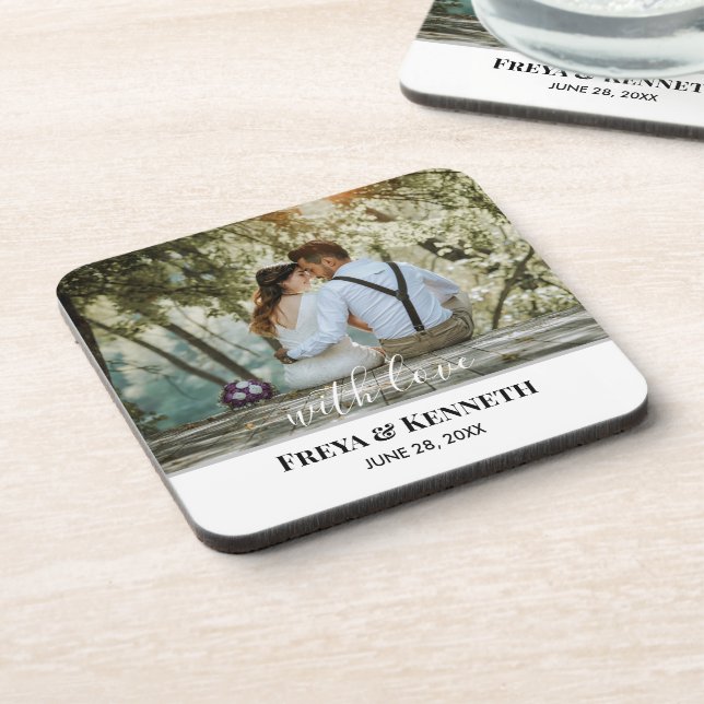 Personalized Wedding Photo With Love White Texts Beverage Coaster (Left Side)