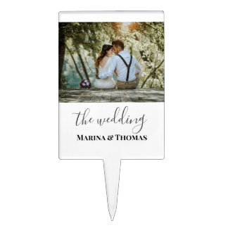 Personalized Wedding Photo With Modern Calligraphy Cake Topper