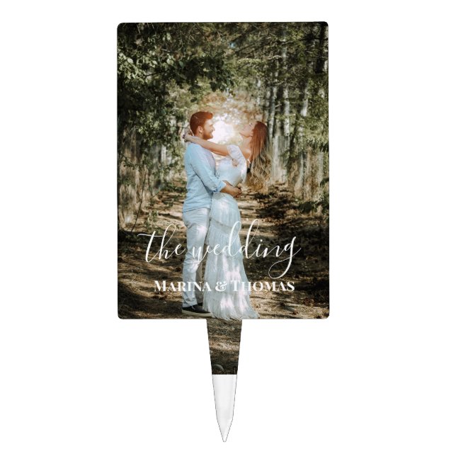 Personalized Wedding Photo With Modern Calligraphy Cake Topper (Front)