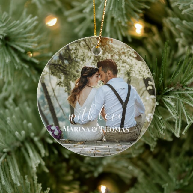 Personalized Wedding Photo With Modern Calligraphy Ceramic Ornament (Tree)