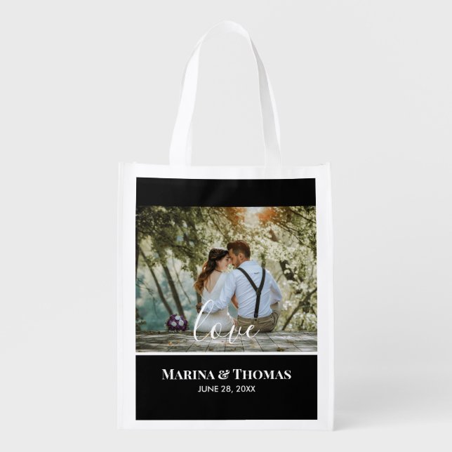 Personalized Wedding Photo With Modern Calligraphy Grocery Bag (Front)