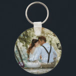 Personalized Wedding Photo With Modern Calligraphy Keychain<br><div class="desc">The design has white rectangular frame on the lower side and modern calligraphy texts which can be customized to your preference. Replace the picture in the center with your own wedding photo. It will make a lovely custom made wedding favor gifts for your guests or for your own keepsake.</div>