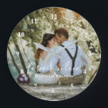 Personalized Wedding Photo With Modern Calligraphy Large Clock<br><div class="desc">The design has white rectangular frame on the lower side and modern calligraphy texts which can be customized to your preference. Replace the picture in the center with your own wedding photo. It will make a lovely custom made wedding favor gifts for your guests or for your own keepsake.</div>