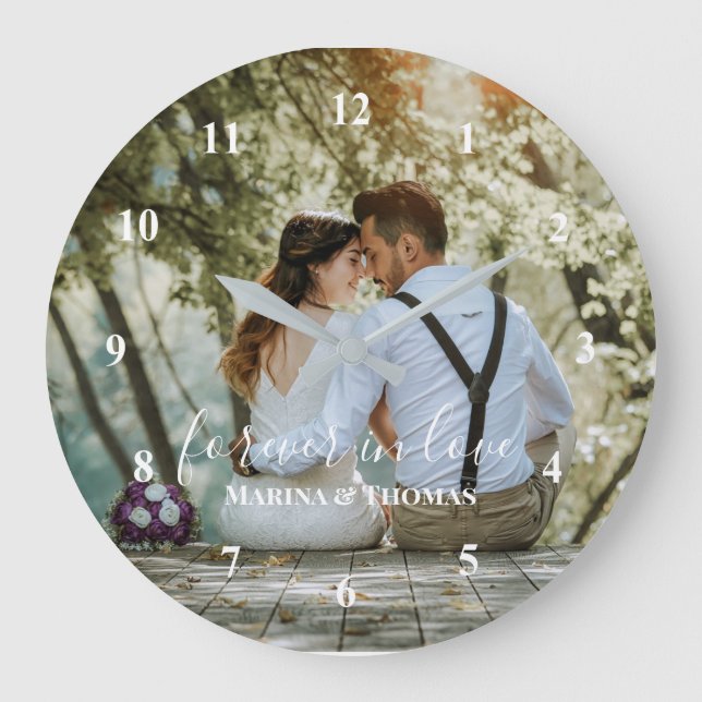Personalized Wedding Photo With Modern Calligraphy Large Clock (Front)