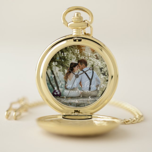 Personalized Wedding Photo With Modern Calligraphy Pocket Watch (Inside)