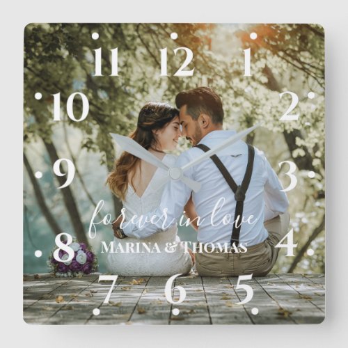 Personalized Wedding Photo With Modern Calligraphy Square Wall Clock