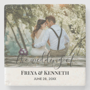 Personalized Wedding Photo With Modern Calligraphy Stone Coaster