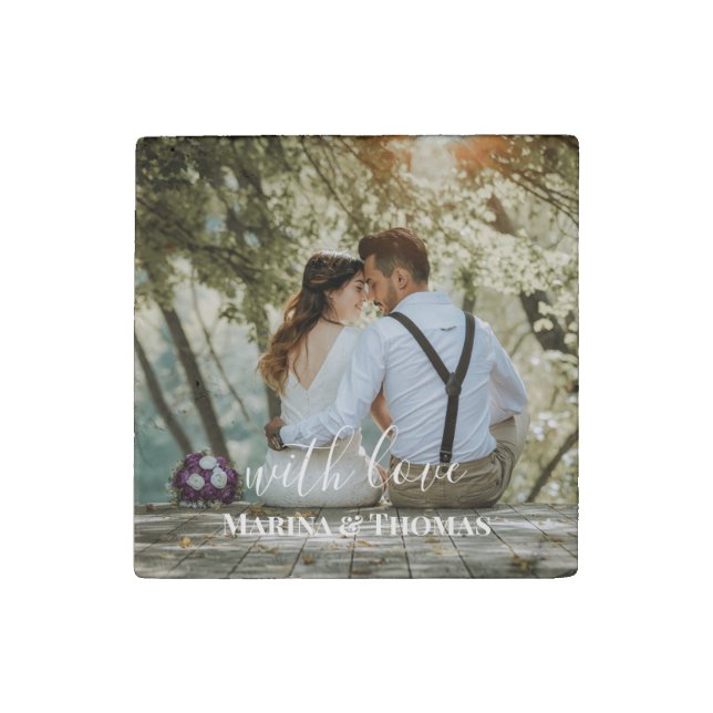 Personalized Wedding Photo With Modern Calligraphy Stone Magnet (Front)