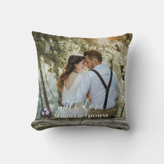 Personalized Wedding Photo With Modern Calligraphy Throw Pillow (Front)