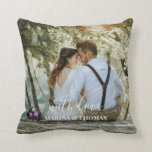 Personalized Wedding Photo With Modern Calligraphy Throw Pillow<br><div class="desc">The design has white rectangular frame on the lower side and modern calligraphy texts which can be customized to your preference. Replace the picture in the center with your own wedding photo. It will make a lovely custom made wedding favor gifts for your guests or for your own keepsake.</div>