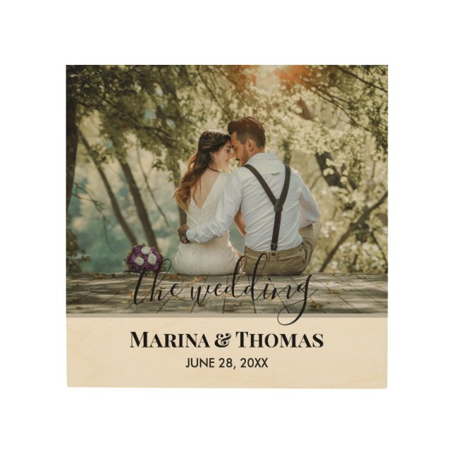 Personalized Wedding Photo With Modern Calligraphy Wood Wall Art (Front)