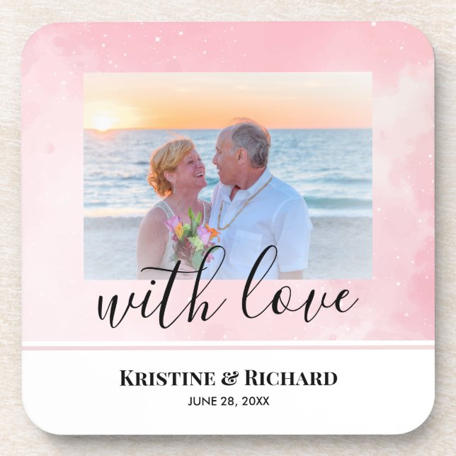 Personalized Wedding Photo With Sparkly Baby Pink  Beverage Coaster (Front)