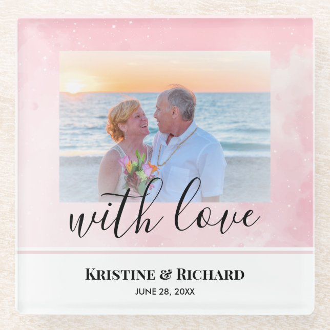 Personalized Wedding Photo With Sparkly Baby Pink  Glass Coaster (Front)