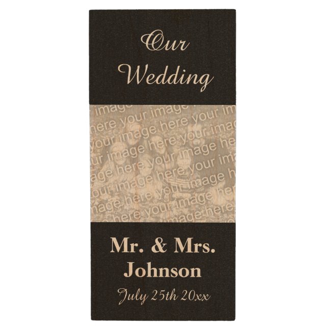 Personalized wedding photo wooden USB memory stick (Front Vertical)