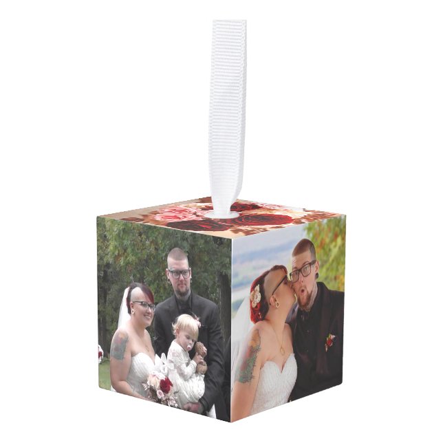 Personalized Wedding Photos Keepsake Cube Ornament (Front Angled)