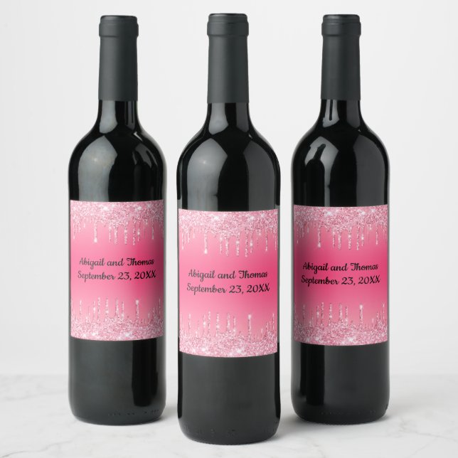 Personalized Wedding Pink Dripping Glitter Trendy Wine Label (Bottles)
