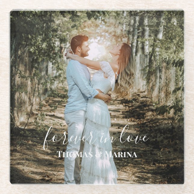 Personalized Wedding Portrait Modern Calligraphy Glass Coaster (Front)