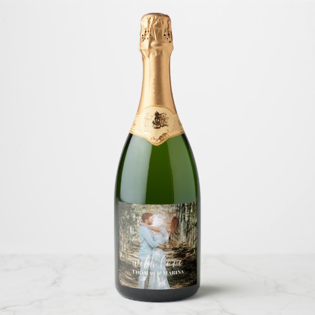 Personalized Wedding Portrait Modern Calligraphy Sparkling Wine Label (Front)