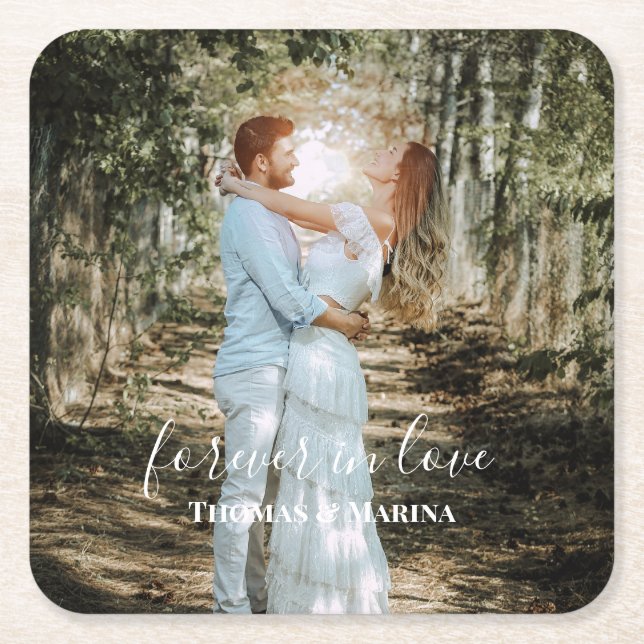 Personalized Wedding Portrait Modern Calligraphy Square Paper Coaster (Front)