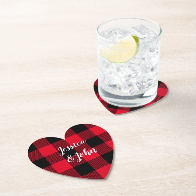 Personalized Wedding Red and Black Buffalo Plaid Paper Coaster (Insitu)