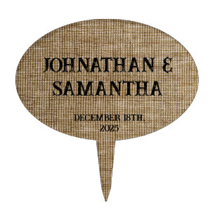 Personalized wedding rustic burlap nature pattern cake topper