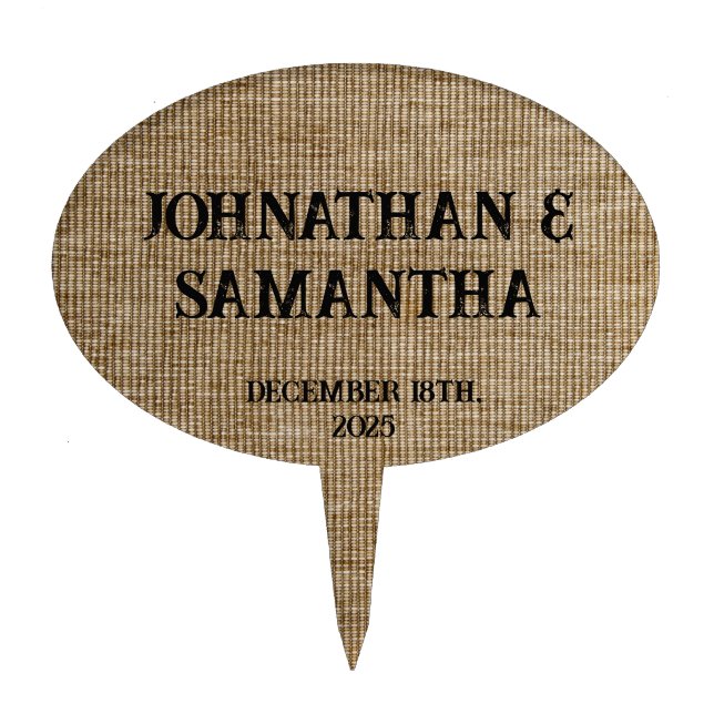 Personalized wedding rustic burlap nature pattern cake topper (Front)