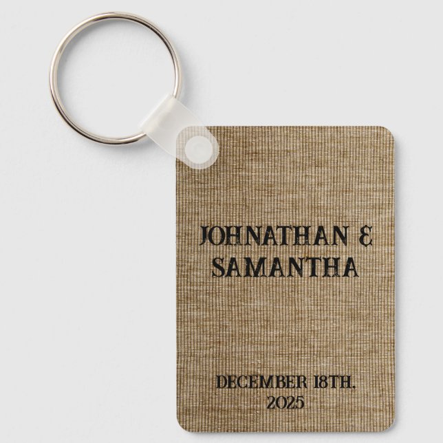 Personalized wedding rustic burlap nature pattern keychain (Front)