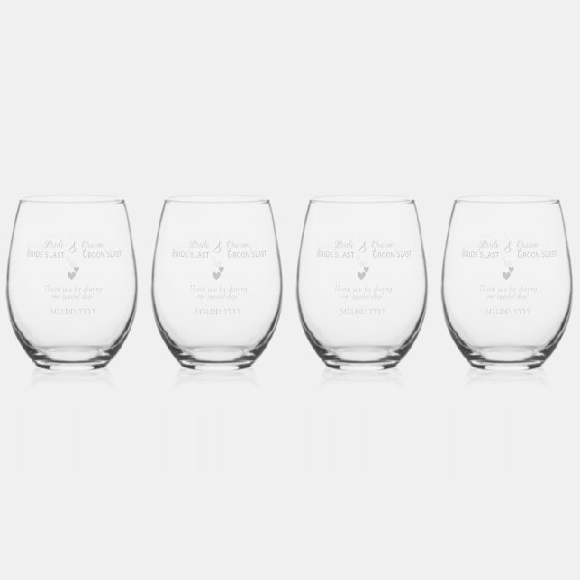 Personalized Wedding Silver Hearts Elegant Stemless Wine Glass (Back)