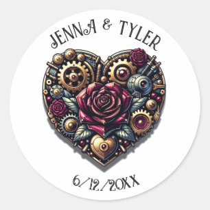 Personalized Wedding Steampunk Heart and Roses Classic Round Sticker