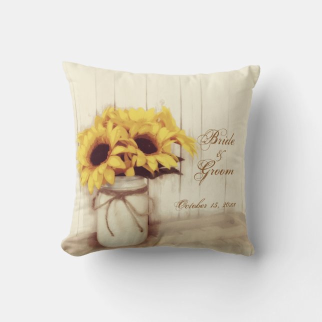 Personalized Wedding Sunflowers Mason Jar Pillow (Front)