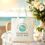 Personalized Wedding Swag Bag Guest Welcome<br><div class="desc">Welcome the bridal party and out-of-town guests to your wedding festivities with a "swag bag" filled with goodies and items to make their stay comfortable and memorable. This whimsical tote bag design is highlighted with a round palm tree logo in aqua and white. The bride and grooms names curve around...</div>