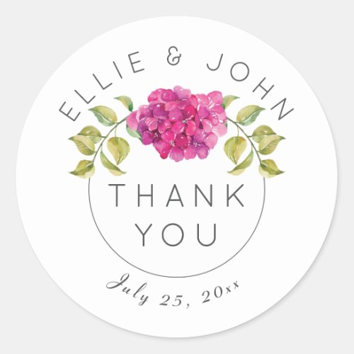 Personalized Wedding Thank You Hot Pink Hydrangea Classic Round Sticker