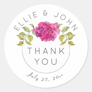 Personalized Wedding Thank You Hot Pink Hydrangea Classic Round Sticker