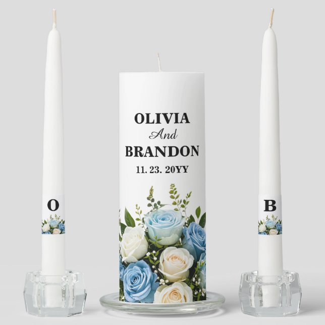 Personalized Wedding Unity Candle with Blue Roses (Front)