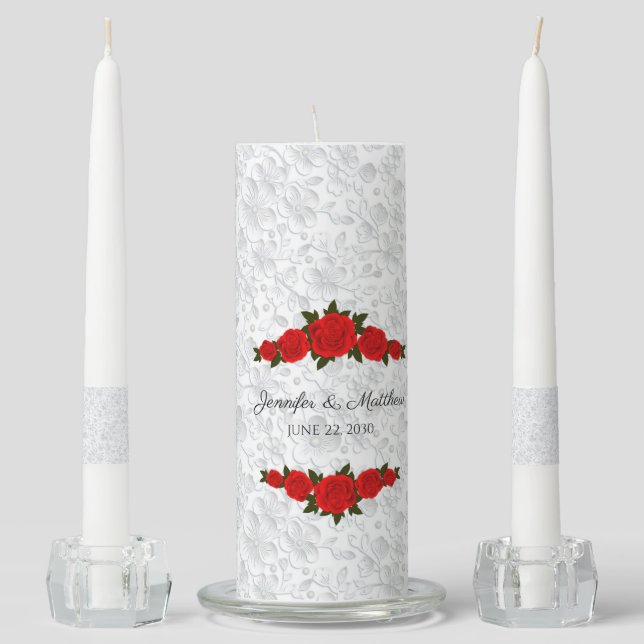 Personalized Wedding Unity Candle with Red Roses (Front)