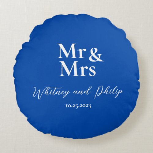 Personalized Wedding Vows Mr Mrs Cobalt Blue Round Pillow