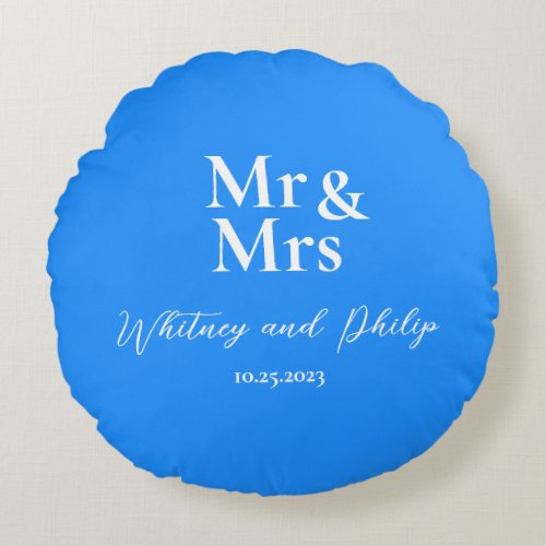 Personalized Wedding Vows Mr Mrs Dodger blue Round Pillow