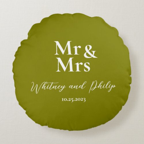Personalized Wedding Vows Mr Mrs Olive Round Pillow
