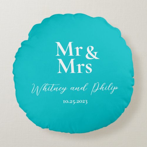Personalized Wedding Vows Mr Mrs Turquoise Surf Round Pillow