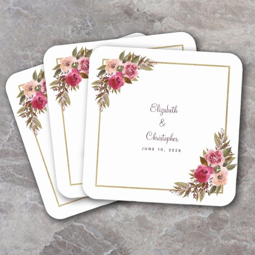 Personalized Wedding Watercolor Elegant Floral Square Paper Coaster