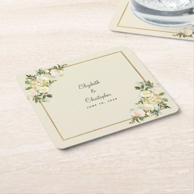 Personalized Wedding Watercolor | Elegant Rose Square Paper Coaster (Angled)