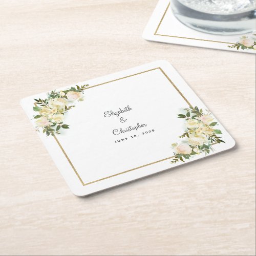 Personalized Wedding Watercolor Elegant Rose White Square Paper Coaster